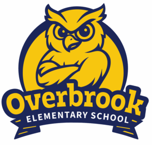 Full-color Overbrook Elementary School logo featuring a yellow and navy owl mascot with crossed wings above the word “Overbrook” in bold yellow letters and “Elementary School” below in white text on a navy ribbon.